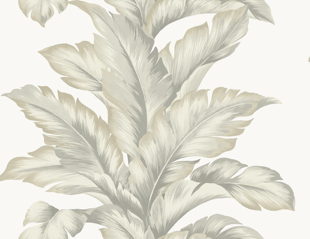 Banana Springs Fieldstone botanical leaf wallpaper in soft grey tones