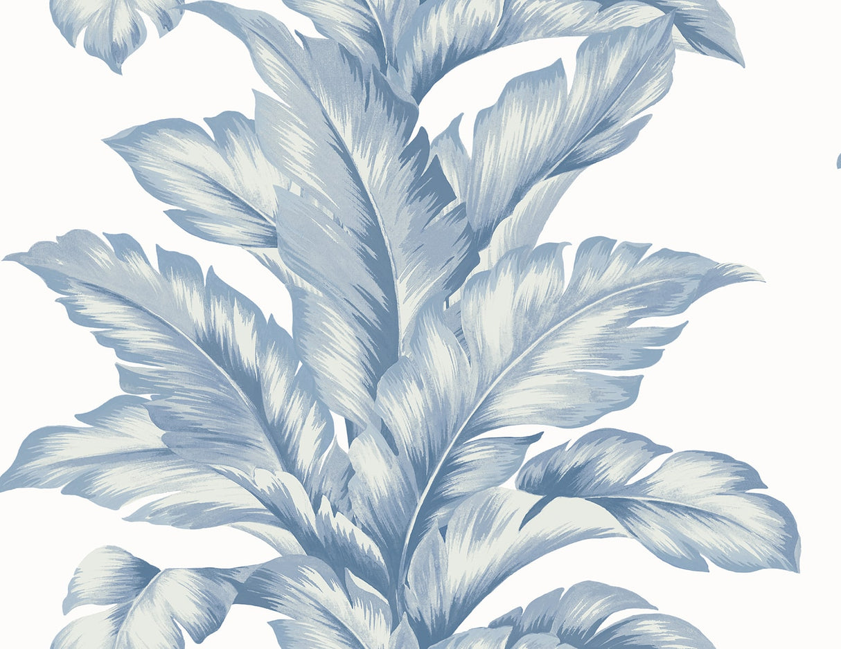 Banana Springs wallpaper in Blue Skies, oversized botanical leaf motif in soft blue on white