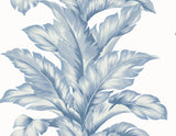 Banana Springs wallpaper in Blue Skies, oversized botanical leaf motif in soft blue on white