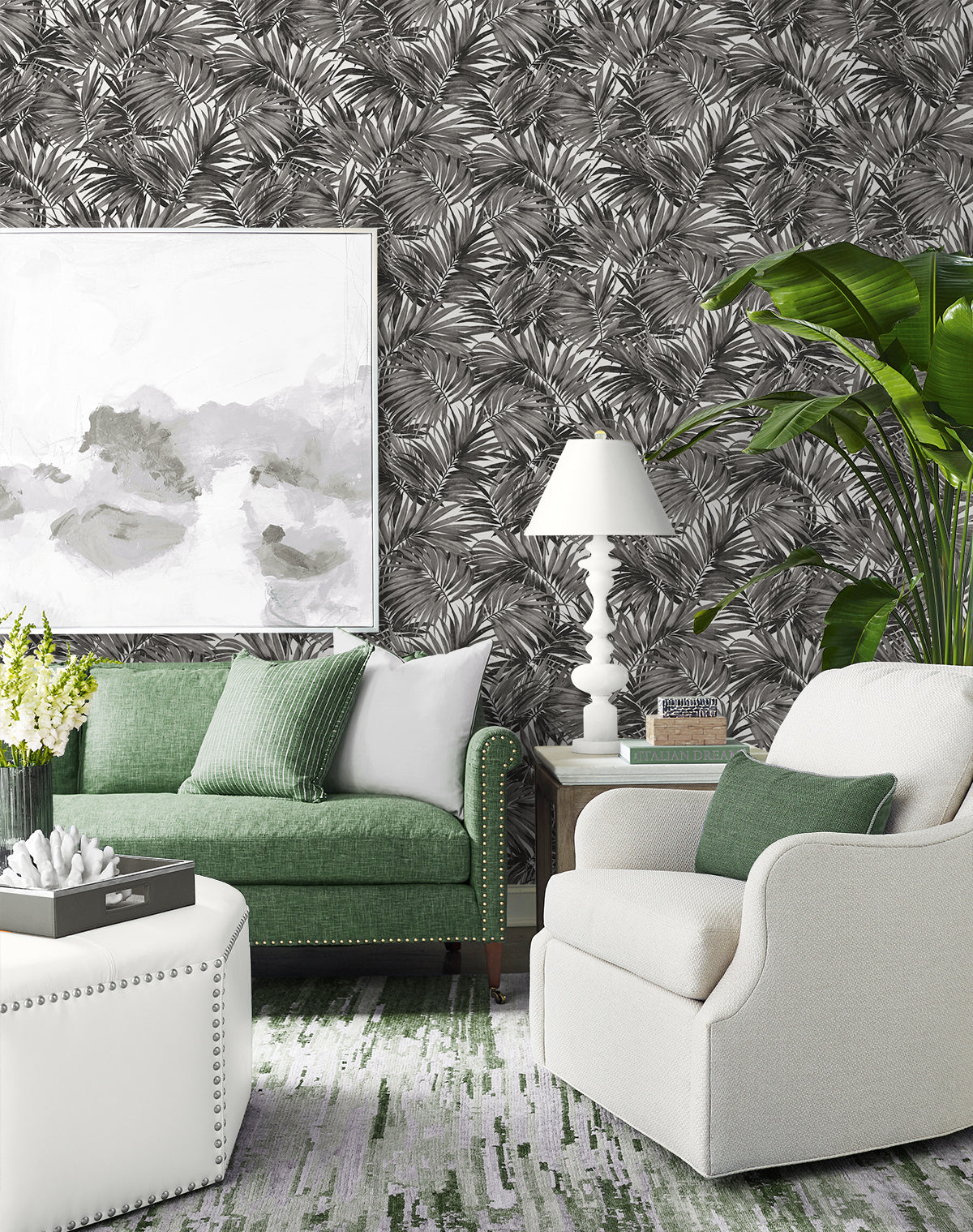 Cordelia Tossed Palms Onyx by Coastal Haven Botanical Palm Wallpaper – Lillian August LN40700