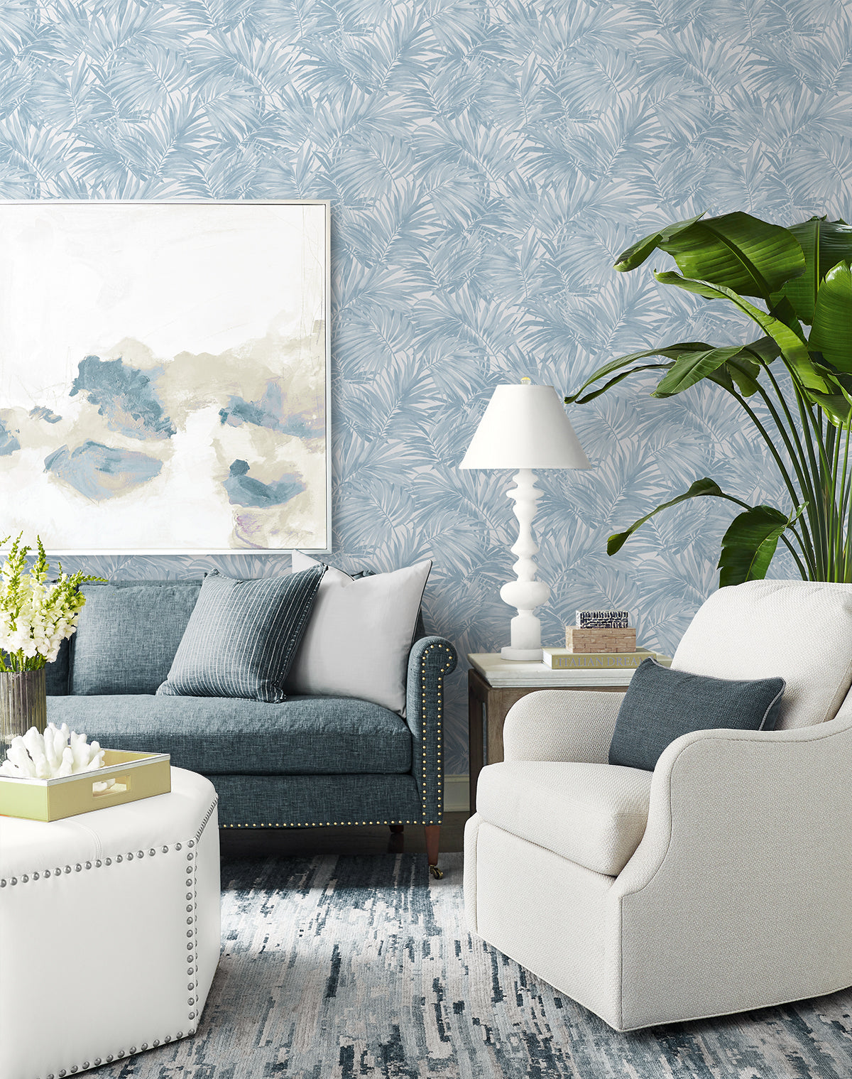 Cordelia Tossed Palms Blue Shale by Coastal Haven Botanical Palm Wallpaper – Lillian August LN40702