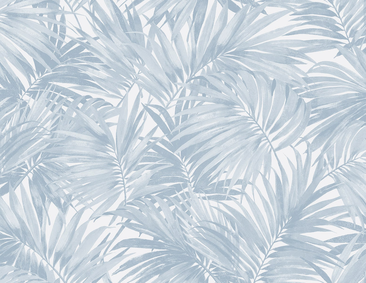 Cordelia Tossed Palms wallpaper in Blue Shale with a matte finish and tossed palm frond design
