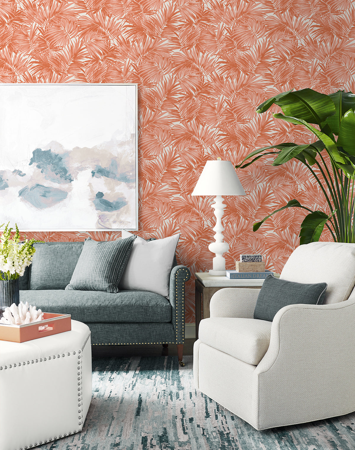 Cordelia Tossed Palms Coral by Coastal Haven Tossed Palm Wallpaper – Lillian August LN40706
