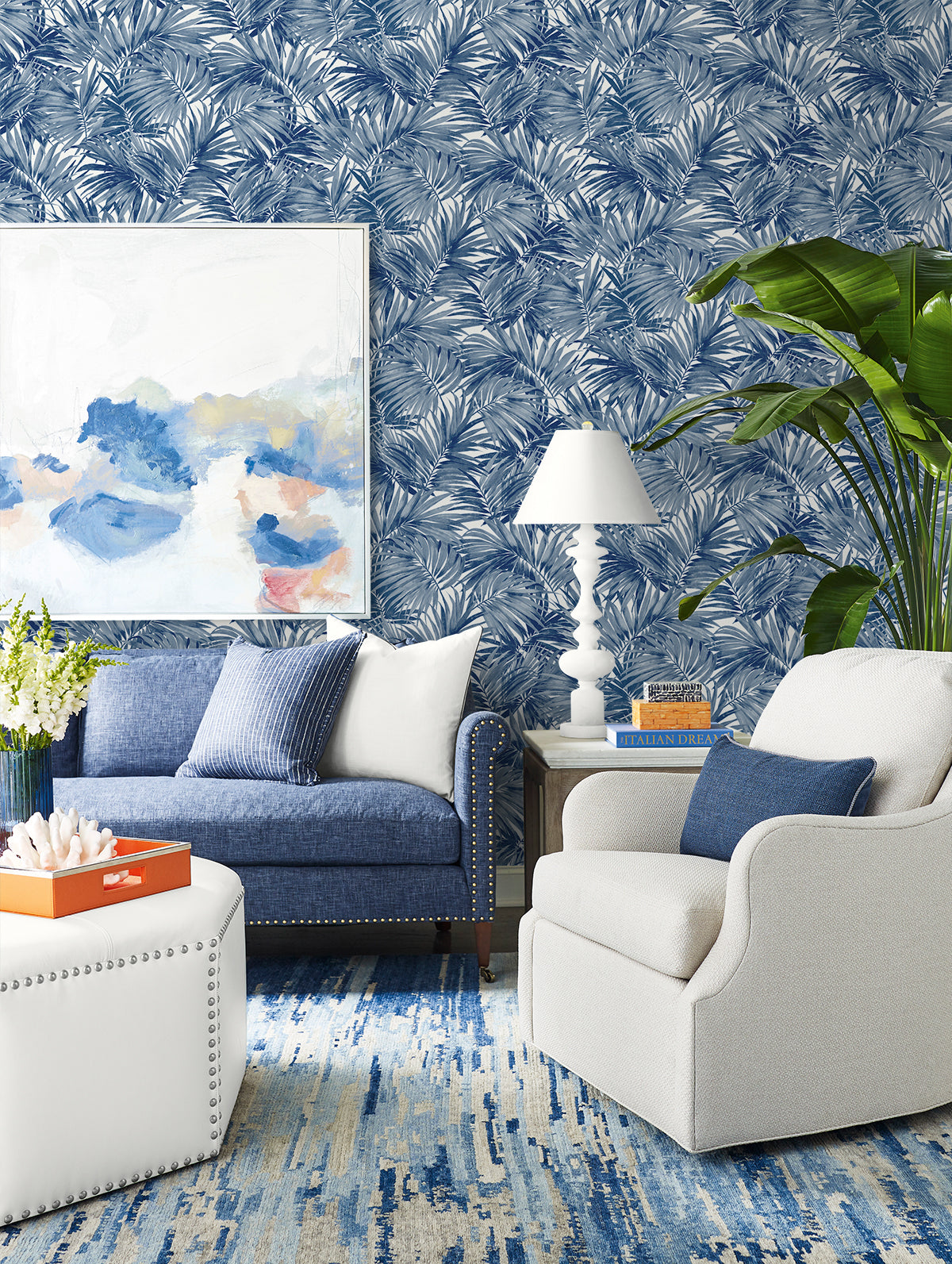 Cordelia Tossed Palms Pacific Blue by Coastal Haven Botanical Palm Wallpaper – Lillian August LN40712