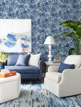 Cordelia Tossed Palms Pacific Blue by Coastal Haven Botanical Palm Wallpaper – Lillian August LN40712