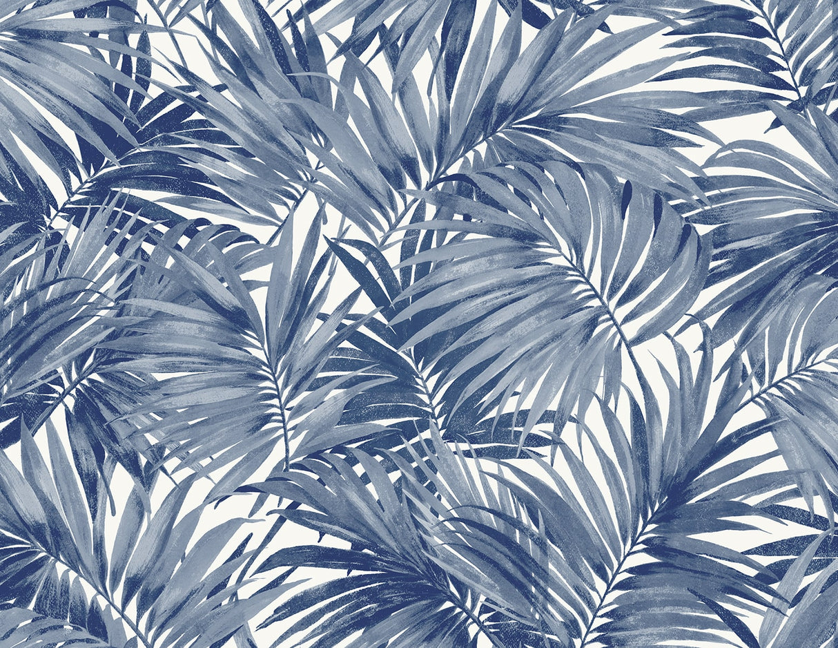 Cordelia Tossed Palms wallpaper in Pacific Blue with layered palm fronds