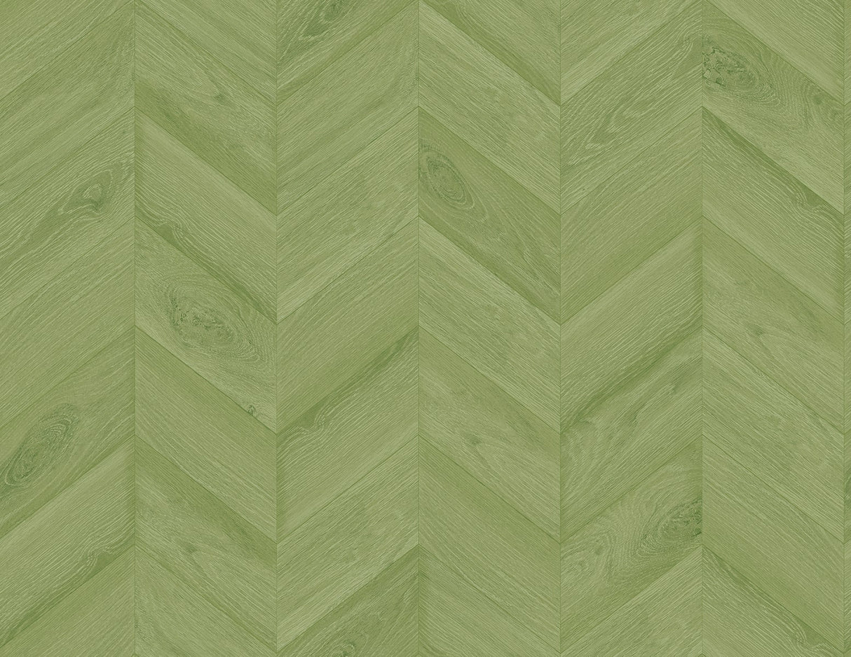 Green wood-look chevron wallpaper (Keone Bay Chevron) in Summer Fern