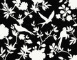 Kauai Bird Toile wallpaper in Inkwell featuring white bird and floral toile silhouettes on a black ground