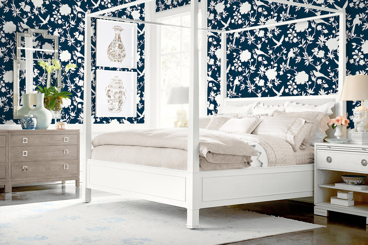 Kauai Bird Toile Denim Blue by Lillian August Traditional Bird Toile Wallpaper – Lillian August LN40902