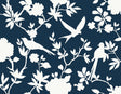 Kauai Bird Toile wallpaper in denim blue and white with flying birds and floral branches