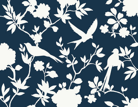 Kauai Bird Toile wallpaper in denim blue and white with flying birds and floral branches