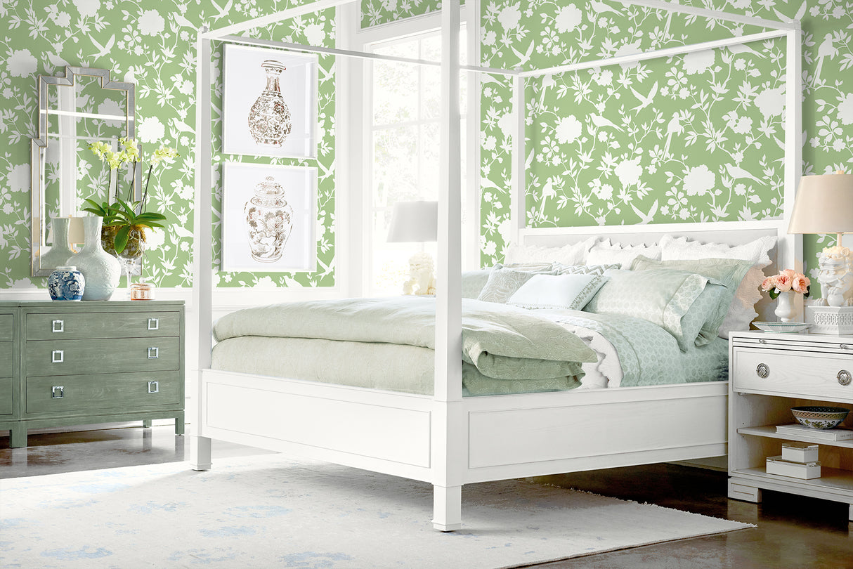 Kauai Bird Toile Seacrest Green by Coastal Haven Traditional Toile Wallpaper – Lillian August LN40904