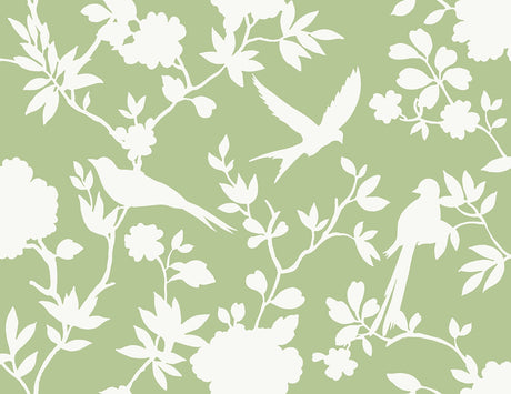 Kauai Bird Toile wallpaper in Seacrest Green with white bird and floral silhouettes
