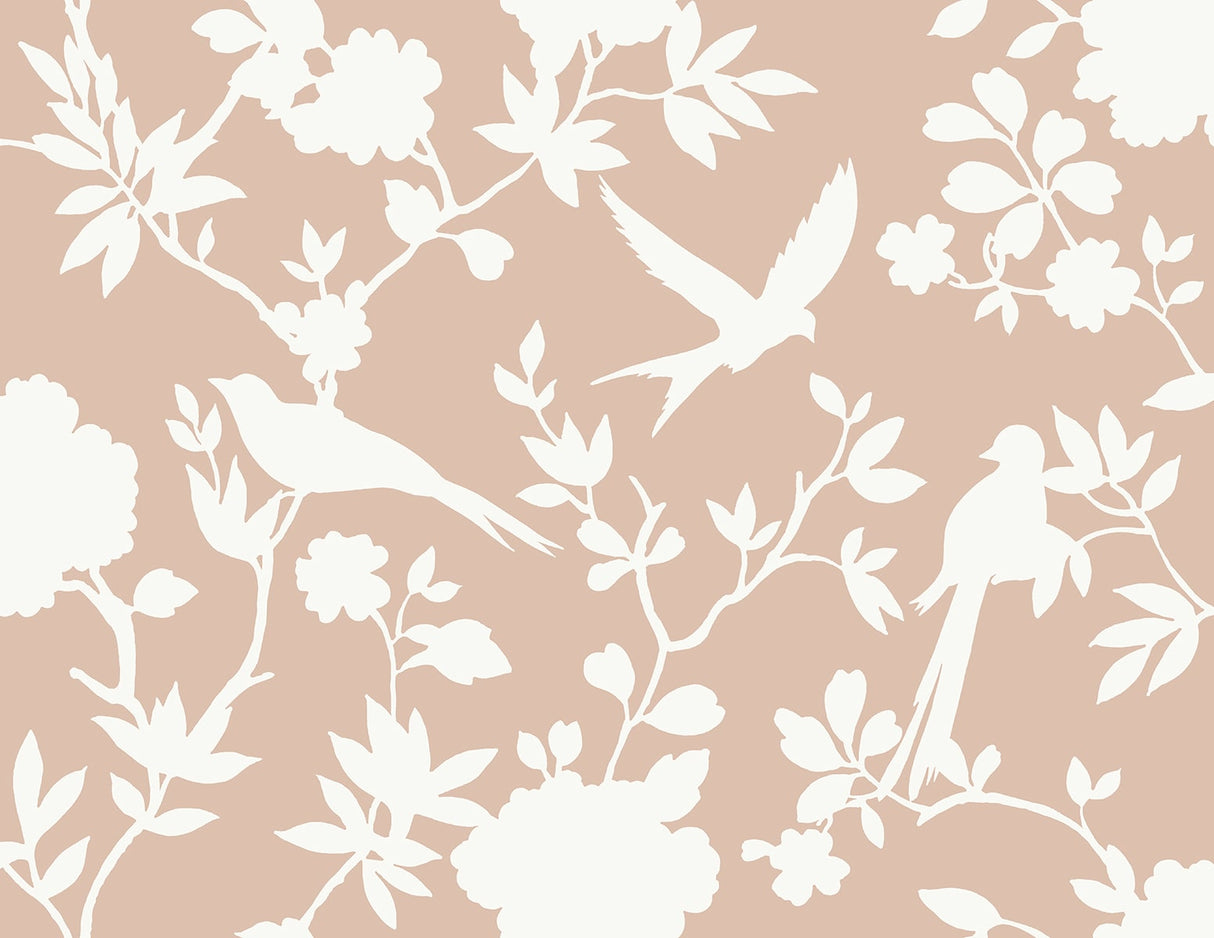 Kauai Bird Toile wallpaper in Peach Petal with white bird and floral silhouette toile pattern