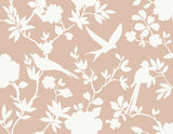 Kauai Bird Toile wallpaper in Peach Petal with white bird and floral silhouette toile pattern