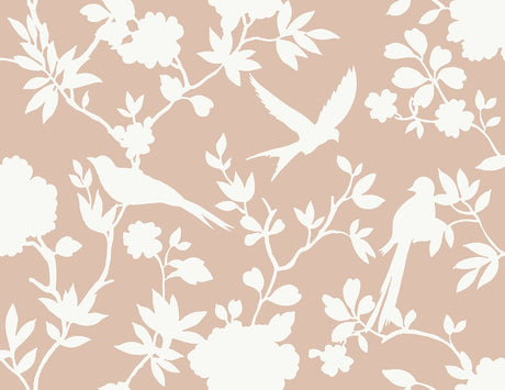 Kauai Bird Toile wallpaper in Peach Petal with white bird and floral silhouette toile pattern