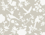 Argos Grey Kauai Bird Toile wallpaper with white birds and floral vines on a soft grey background