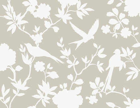 Argos Grey Kauai Bird Toile wallpaper with white birds and floral vines on a soft grey background