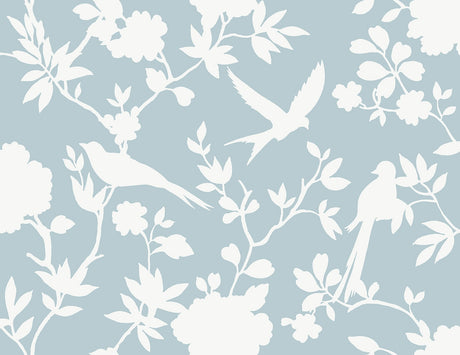 Kauai Bird Toile wallpaper in Hampton Blue with white birds and floral branches
