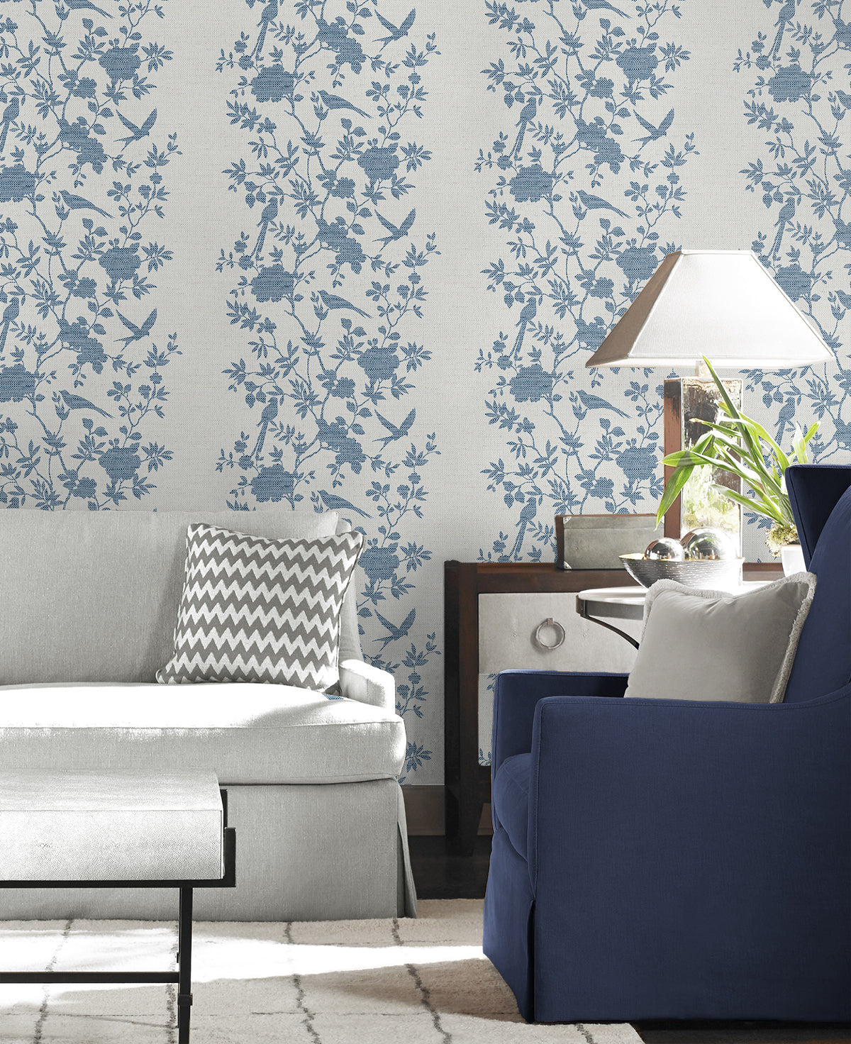 Aloha Bird Trail Denim Blue by Coastal Haven Toile Wallpaper – Lillian August LN41002
