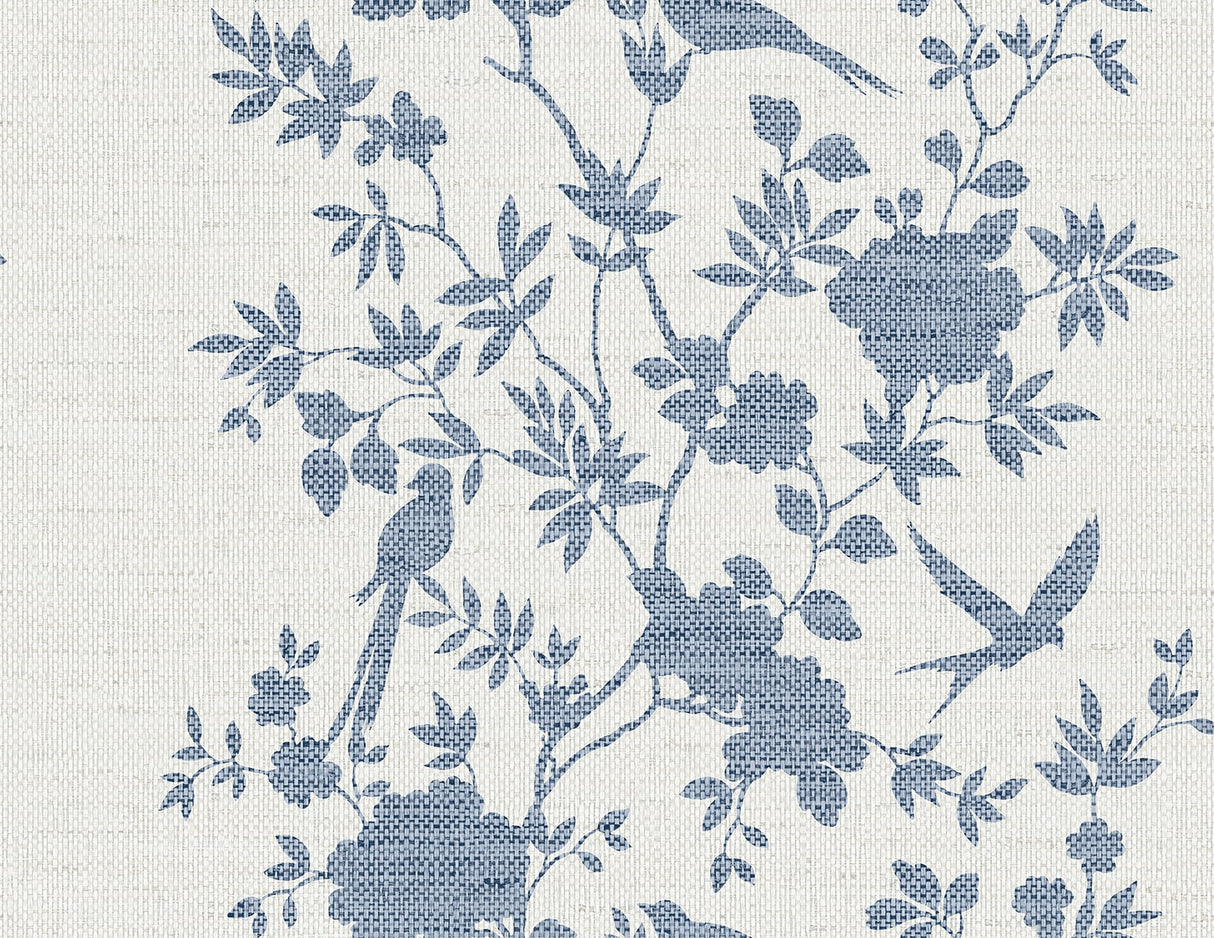 Aloha Bird Trail wallpaper in denim blue toile with birds and floral branches