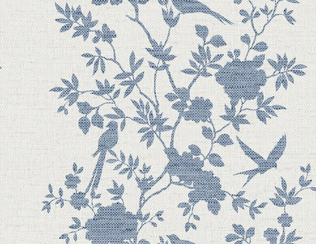 Aloha Bird Trail wallpaper in denim blue toile with birds and floral branches
