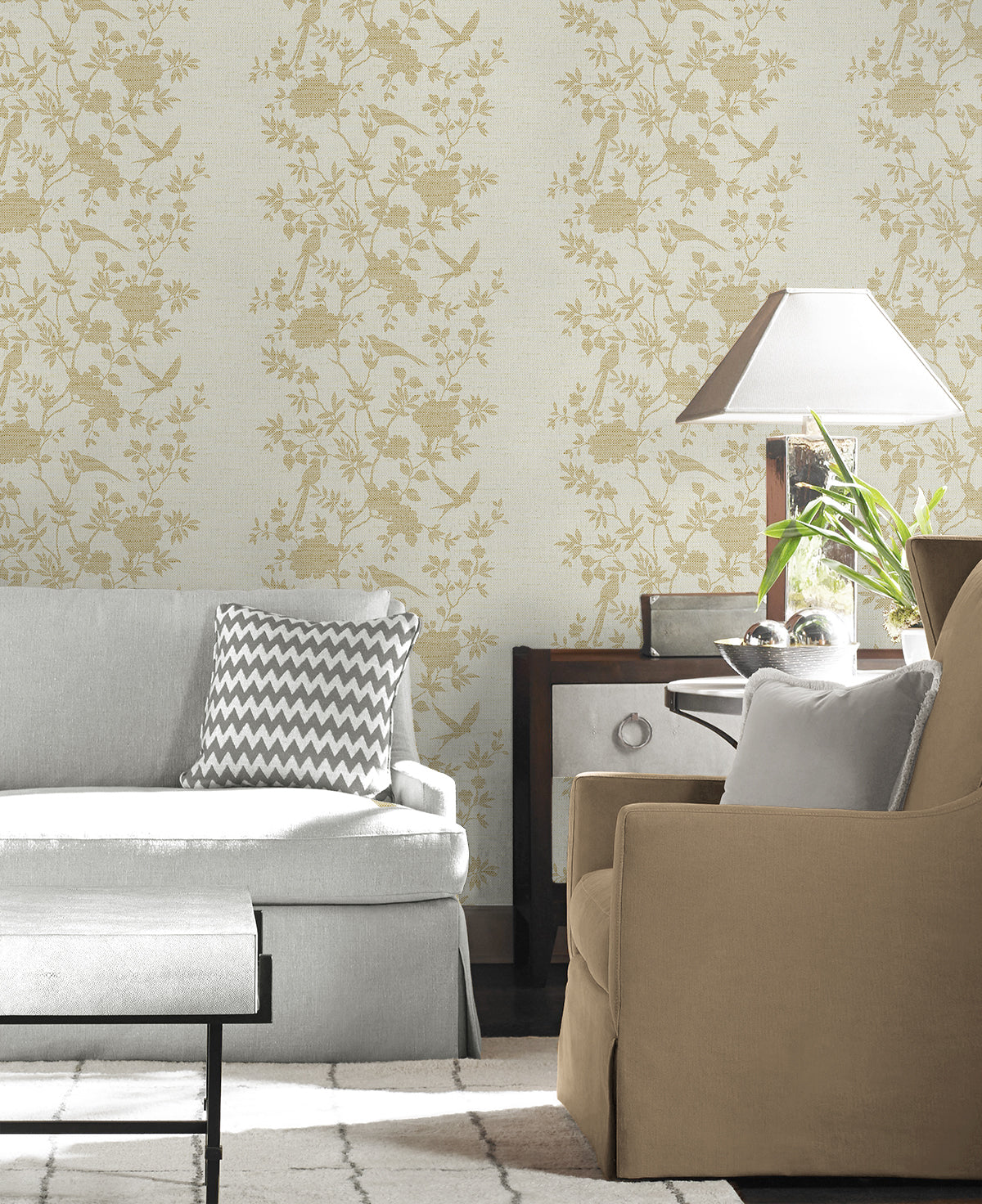Aloha Bird Trail Golden by Coastal Haven Toile Wallpaper – Lillian August LN41003