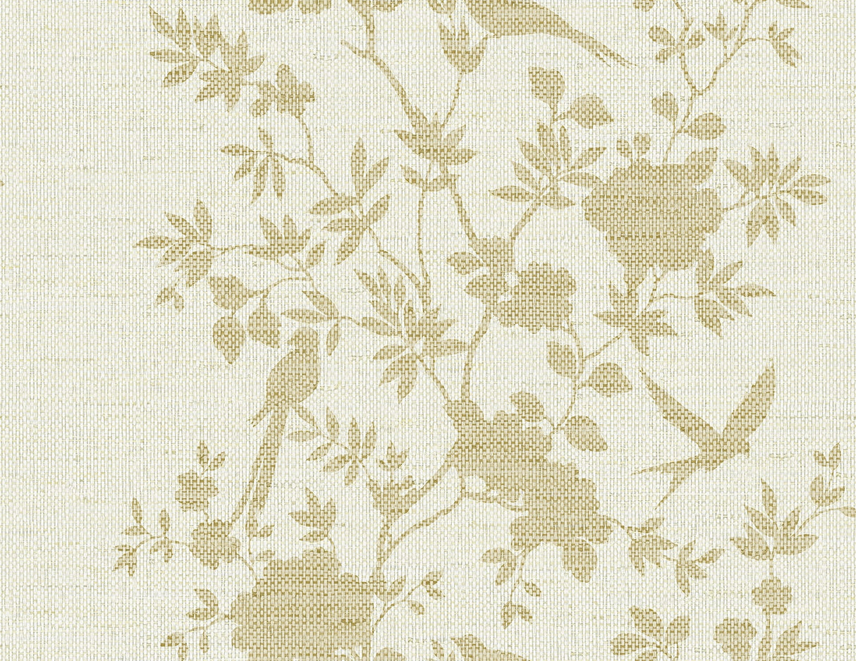Golden and beige toile wallpaper featuring birds and floral vines on a linen-texture ground