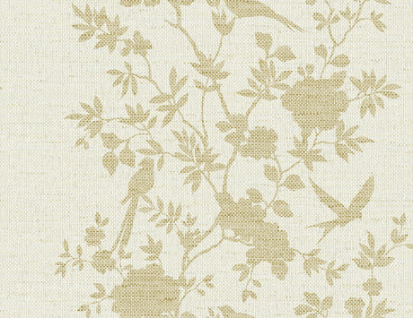 Golden and beige toile wallpaper featuring birds and floral vines on a linen-texture ground