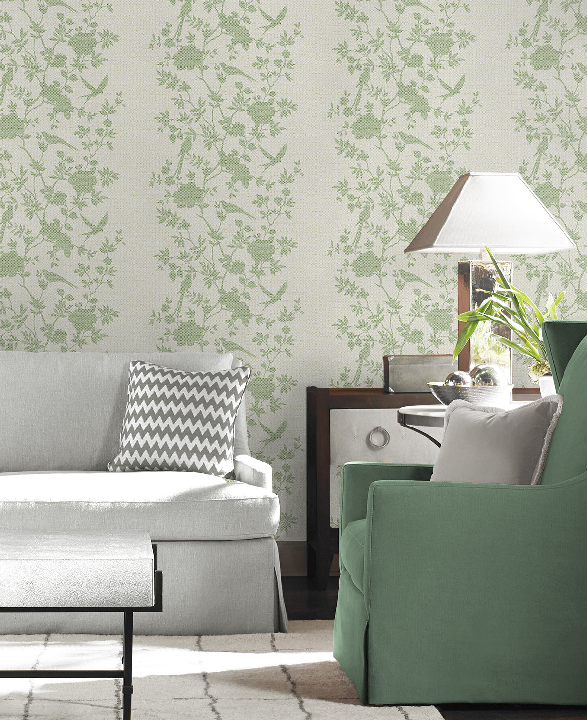 Aloha Bird Trail Green Ivy by Lillian August Toile Wallpaper – Lillian August LN41004
