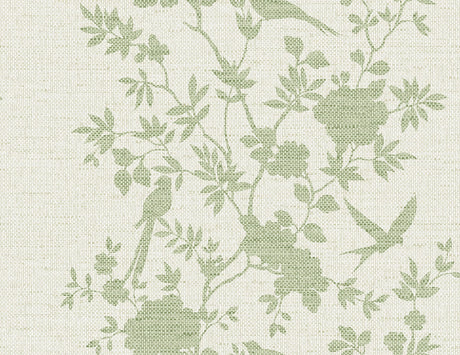 Aloha Bird Trail wallpaper in Green Ivy with a traditional toile design featuring birds and florals on a linen-look ground.