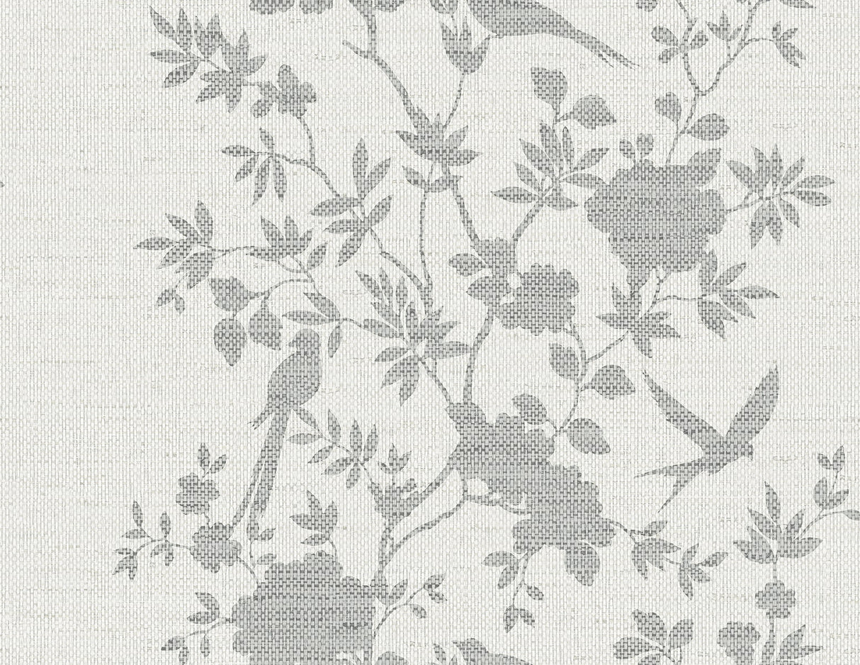 Aloha Bird Trail wallpaper in Heather Grey with toile-style birds and floral vines
