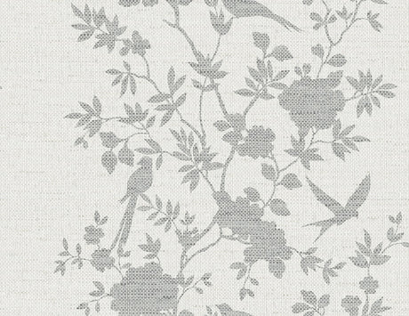 Aloha Bird Trail wallpaper in Heather Grey with toile-style birds and floral vines