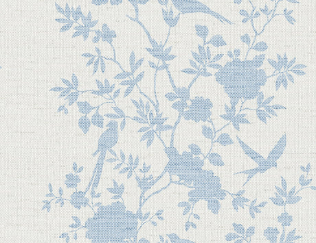 Maya blue and white toile wallpaper with birds and trailing floral branches