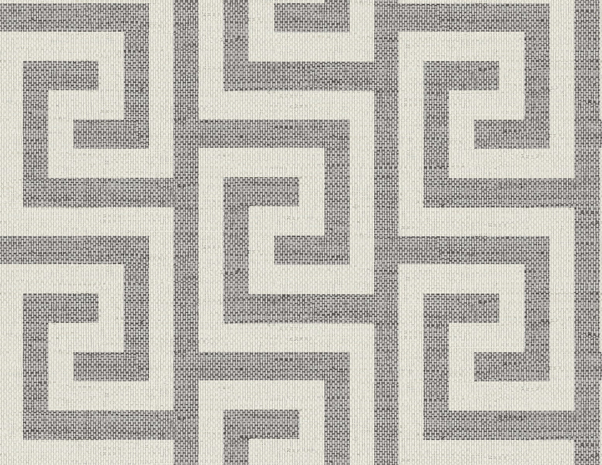 Charcoal and off-white Greek key geometric wallpaper with a woven texture look.