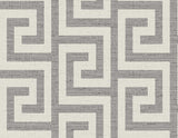 Charcoal and off-white Greek key geometric wallpaper with a woven texture look.