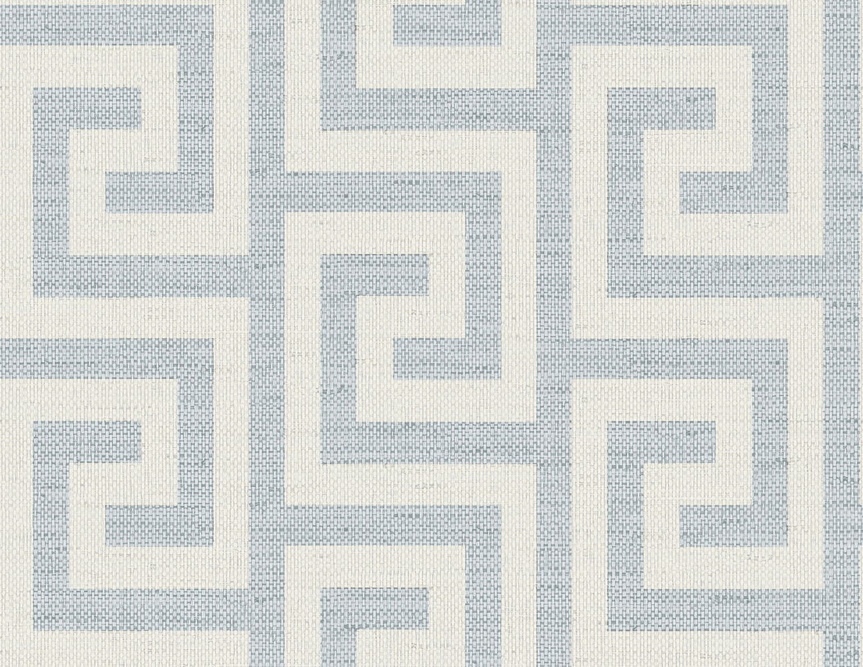 Skylight blue and off-white Greek key geometric wallpaper with a matte finish