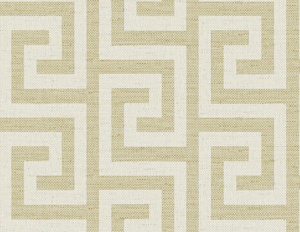 Golden Greek key geometric wallpaper pattern with a woven texture look.