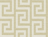 Golden Greek key geometric wallpaper pattern with a woven texture look.
