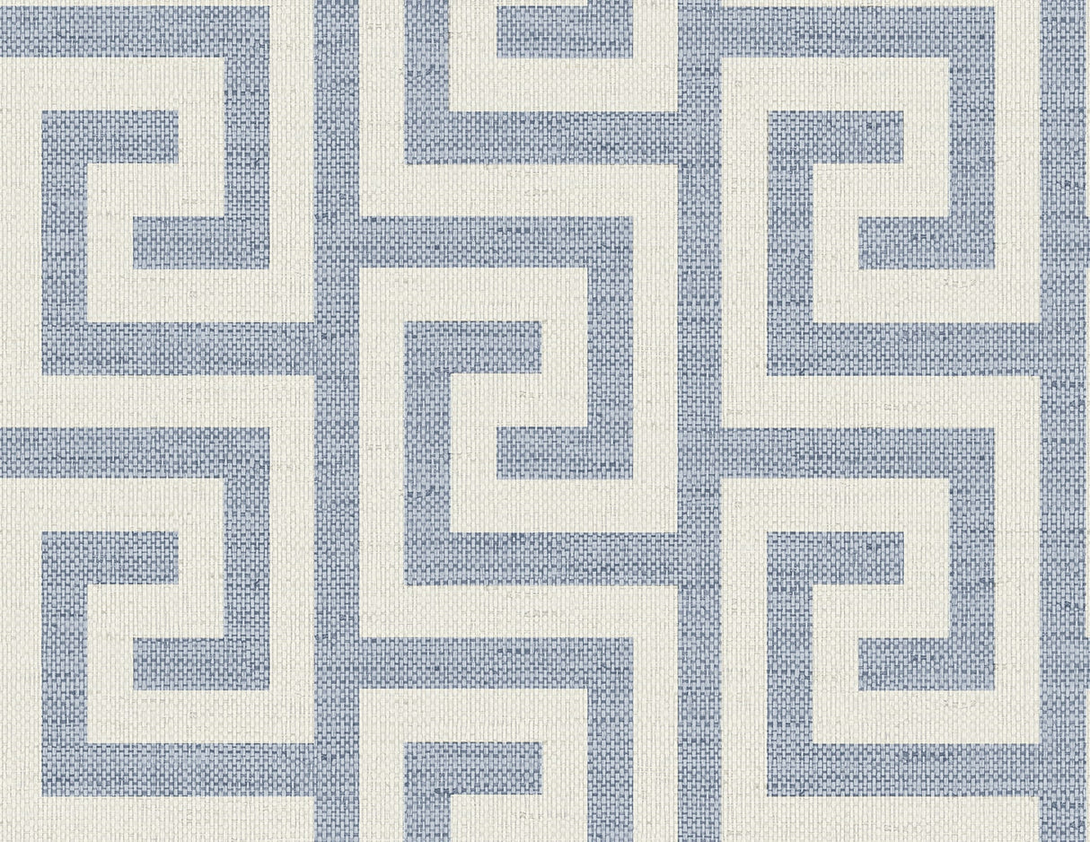 Blue and off-white Greek key geometric wallpaper pattern in a matte finish