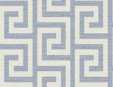 Blue and off-white Greek key geometric wallpaper pattern in a matte finish