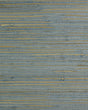Island Blue grasscloth wallpaper texture with woven blue fibers and natural tan horizontal slubs.