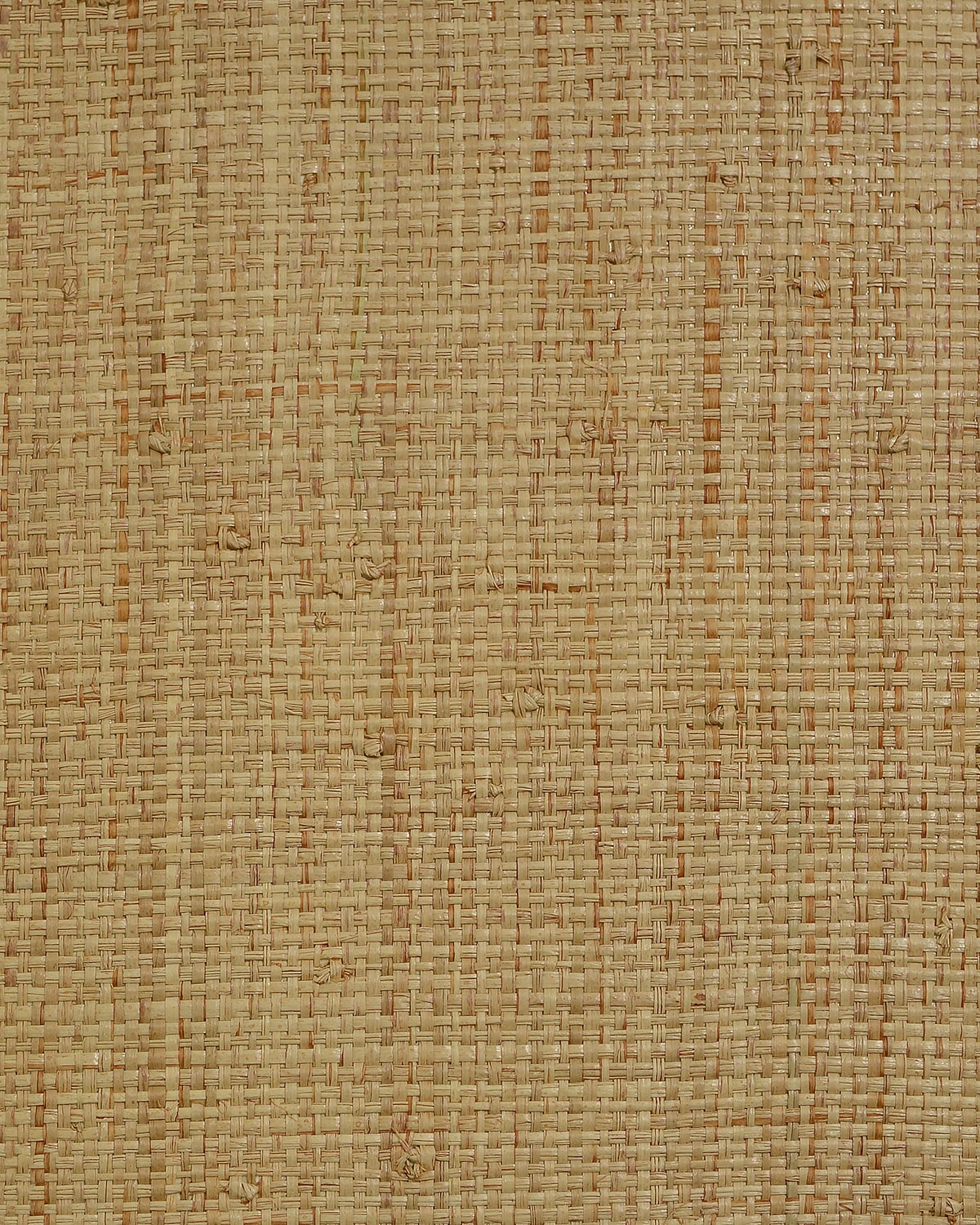 Warm beige raffia grasscloth wallpaper with a woven natural texture and subtle satin sheen.