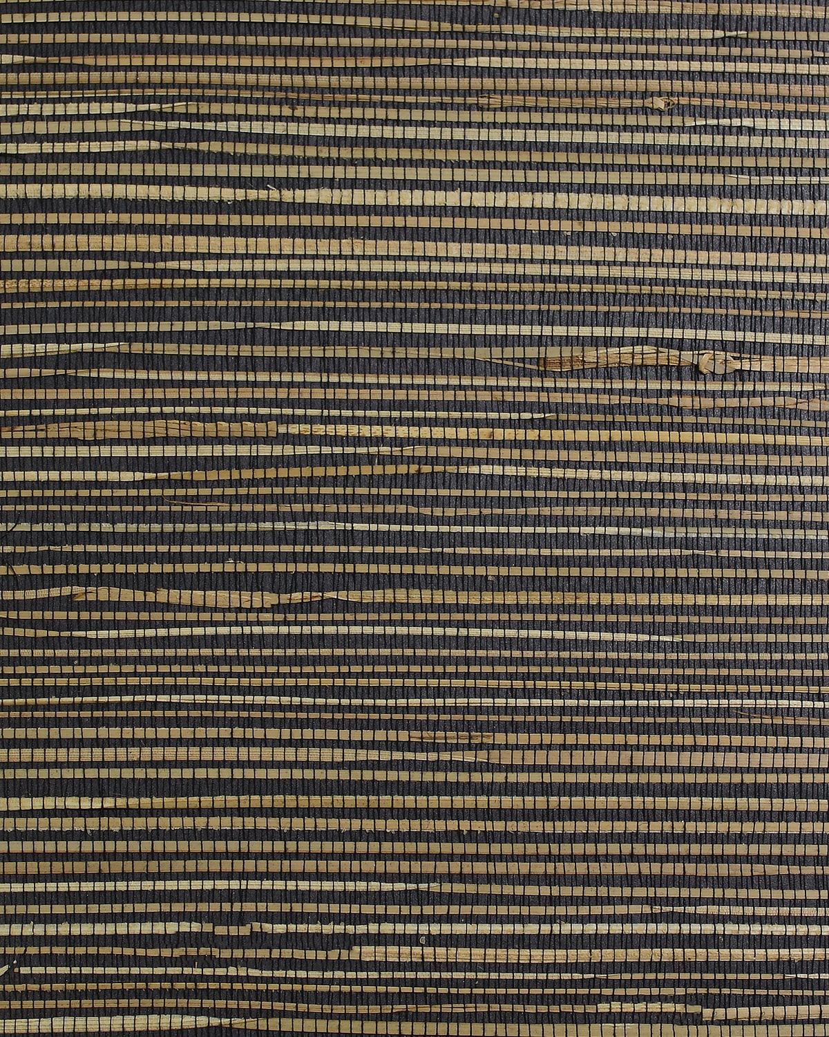 Black and tan woven grasscloth texture wallpaper with horizontal stripe pattern