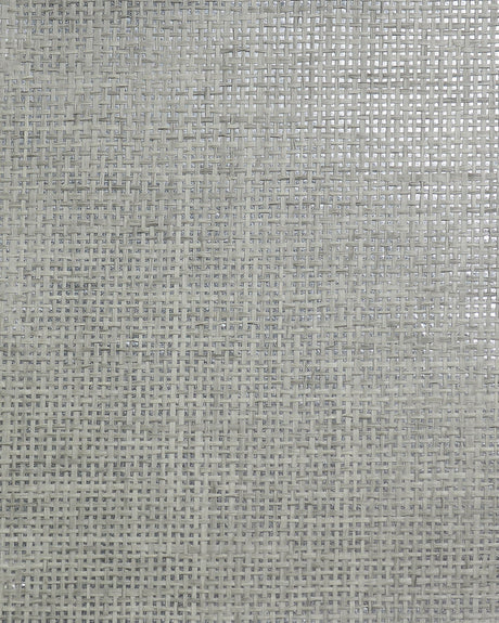 Close-up of Japanese paperweave grasscloth wallpaper in a foil-toned, cool neutral weave.