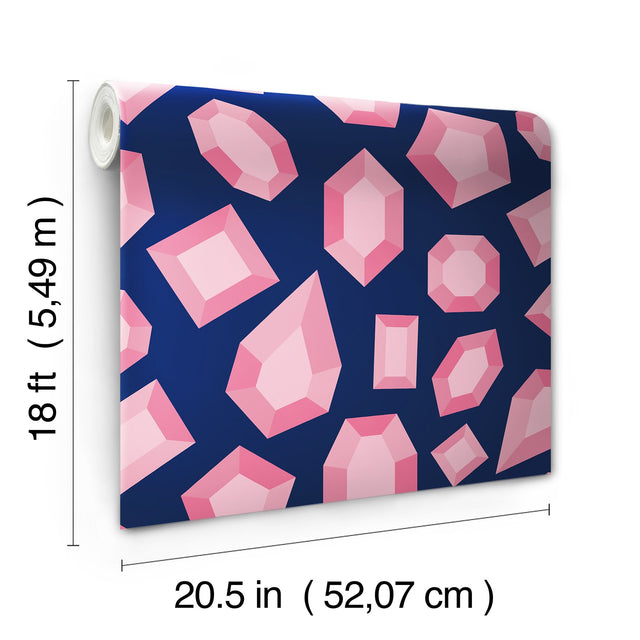 Lele Gems Navy Peel & Stick Wallpaper with Pink Gemstone Motif - NuWallpaper LSS4953