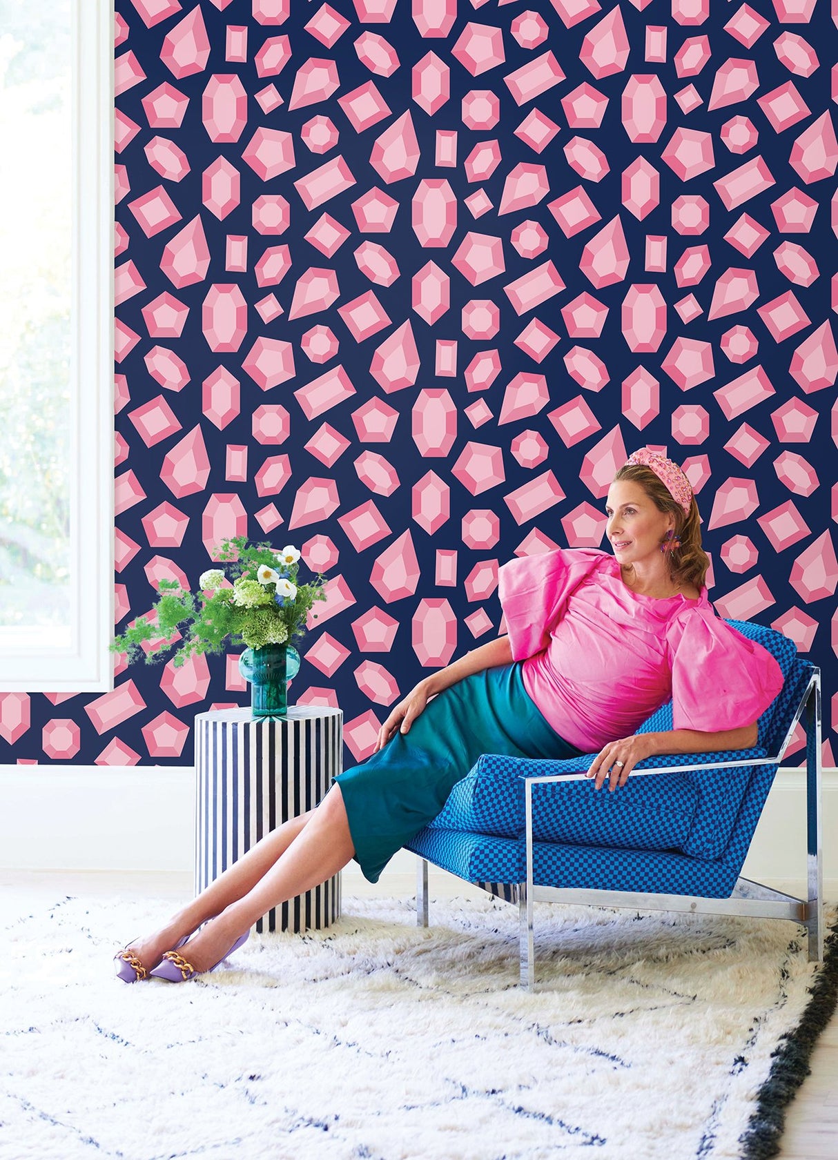 Lele Gems Navy Peel & Stick Wallpaper with Pink Gemstone Motif - NuWallpaper LSS4953