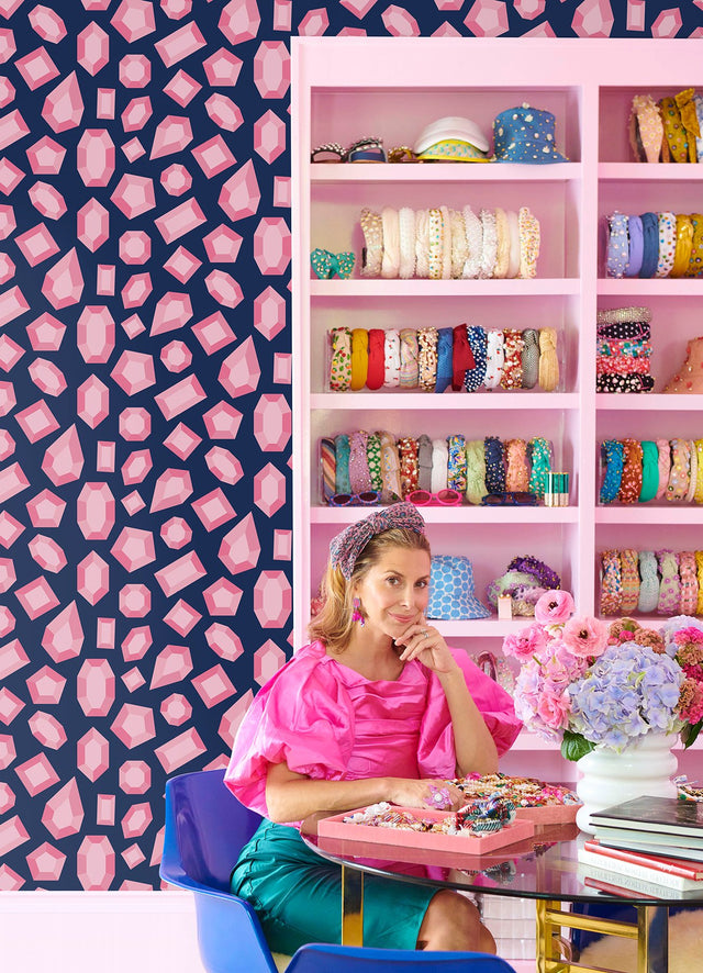 Lele Gems Navy Peel & Stick Wallpaper with Pink Gemstone Motif - NuWallpaper LSS4953