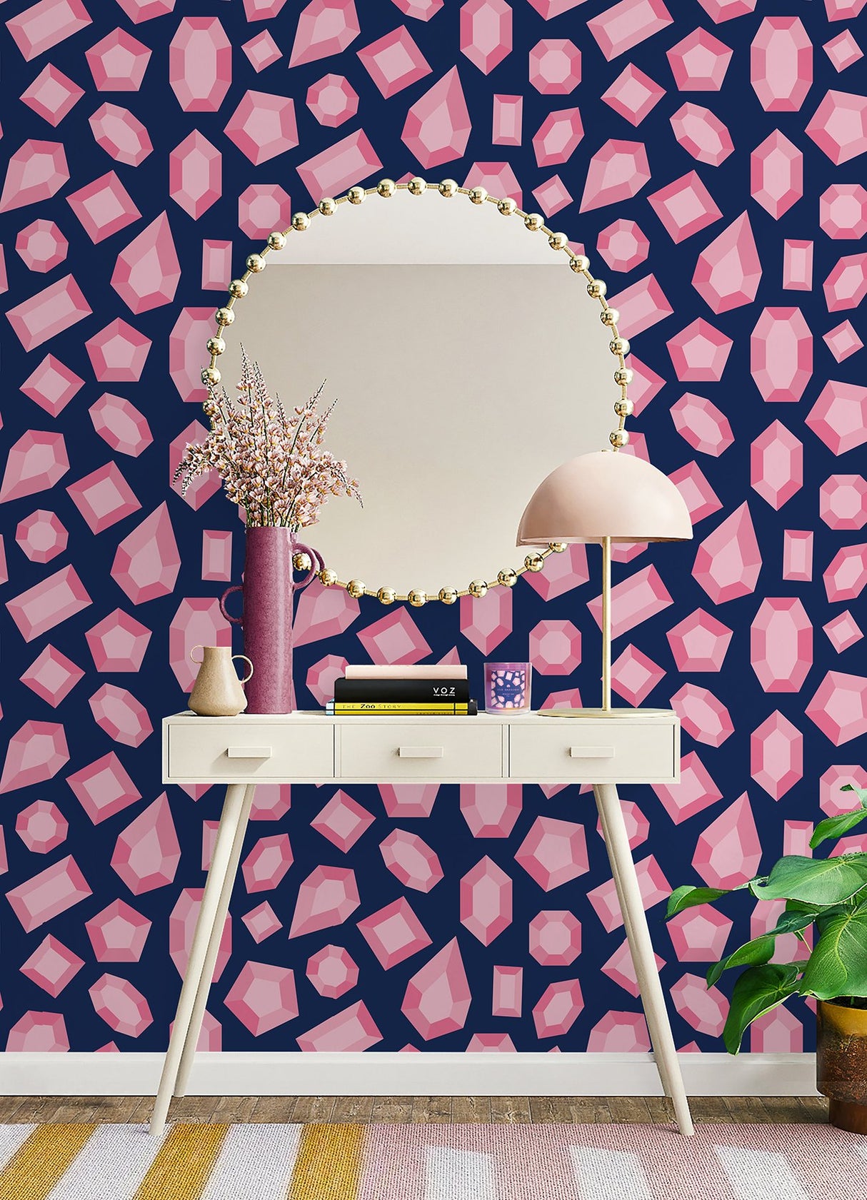 Lele Gems Navy Peel & Stick Wallpaper with Pink Gemstone Motif - NuWallpaper LSS4953