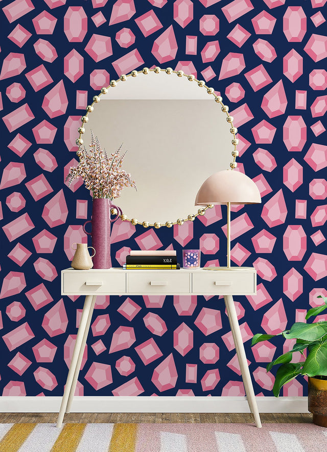 Lele Gems Navy Peel & Stick Wallpaper with Pink Gemstone Motif - NuWallpaper LSS4953